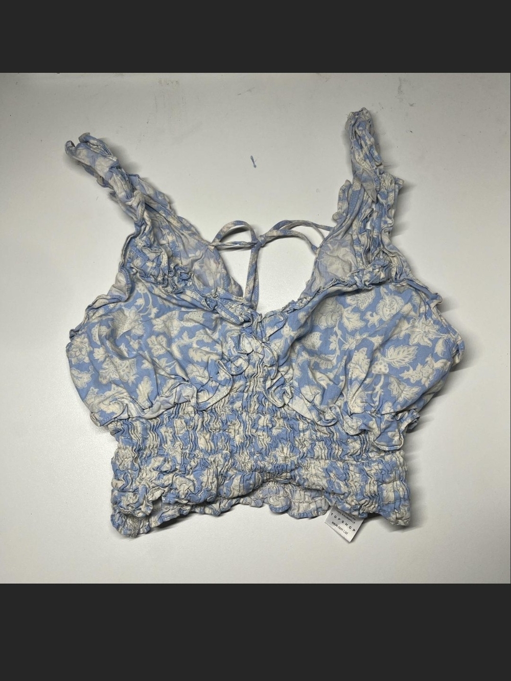 Topshop Blue and White Floral Smocked Crop Top